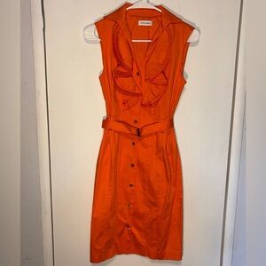 NWT Calvin Klein Ruffle Collar Snap Button Belted Sheath Dress Ember Orange Size